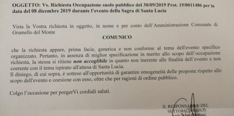 Grumello – il Comune respinge lo stand del Comitato ‘Salute e Territorio”