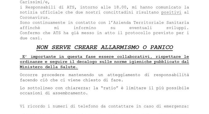 Il coronavirus arriva a Grumello e Montello