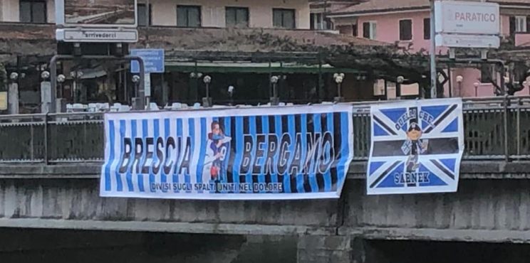 Sarnico – Lo striscione di amicizia tra Brescia e Atalanta torna al suo posto