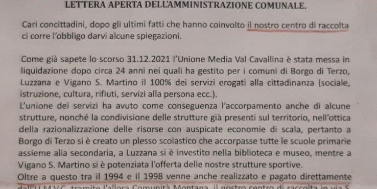 La lettera di Borgo di Terzo sulla piazzola ecologica, Valcavallina Servizi proverà a riportare la pace