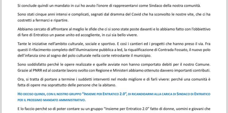 Entratico: Andrea Epianati si ricandida